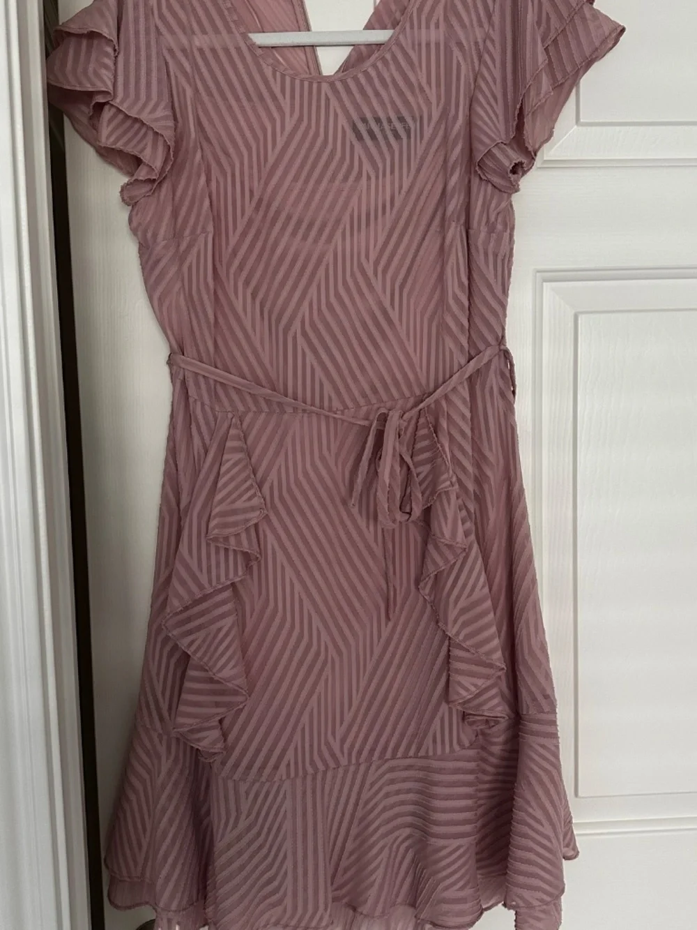 Karl Lagerfeld Paris Pink Ruffle Dress Size 8 | Chiffon Tie Waist Feminine Weddi - Picture 2 of 6